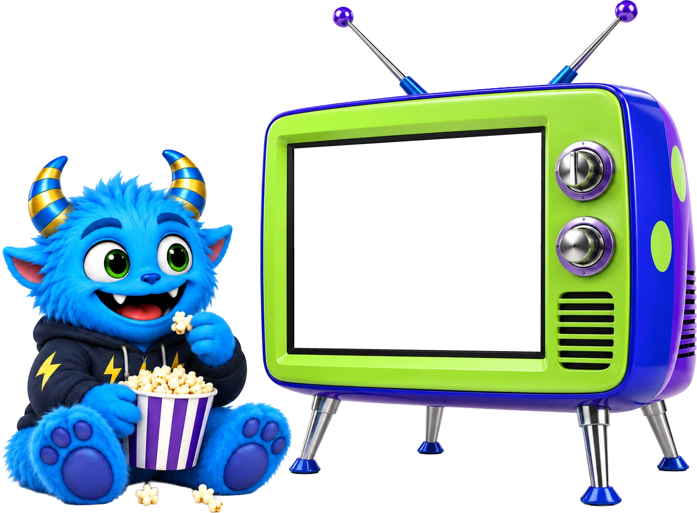 Hero sitzt mit Popcorn vor einem Fernseher