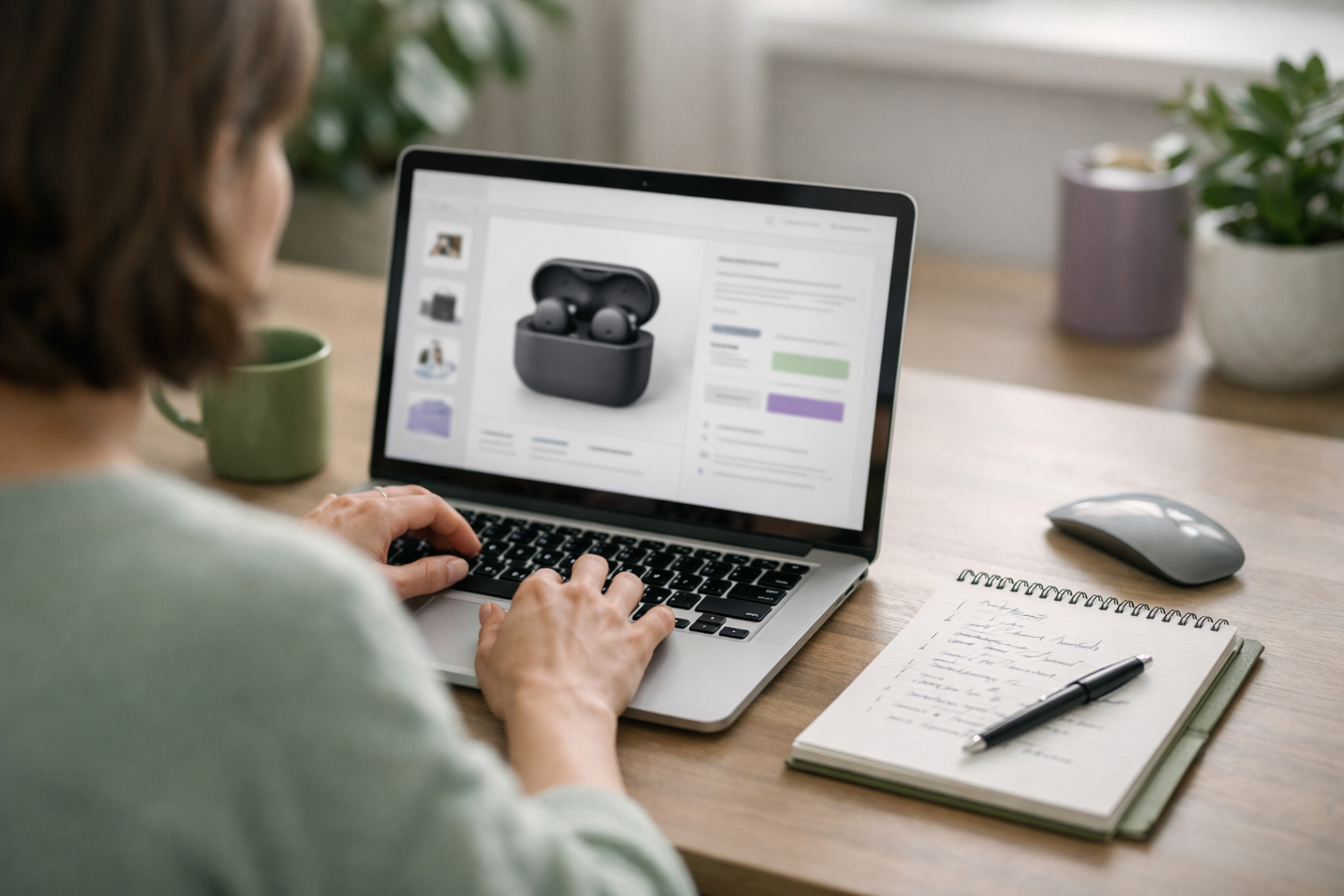 Person bearbeitet Produktseite eines Onlineshops am Laptop