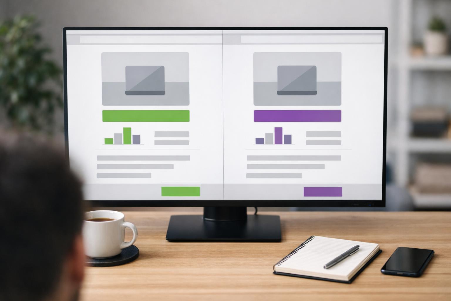 Person vergleicht am Monitor zwei Produktseiten mit unterschiedlichen Preisangaben
