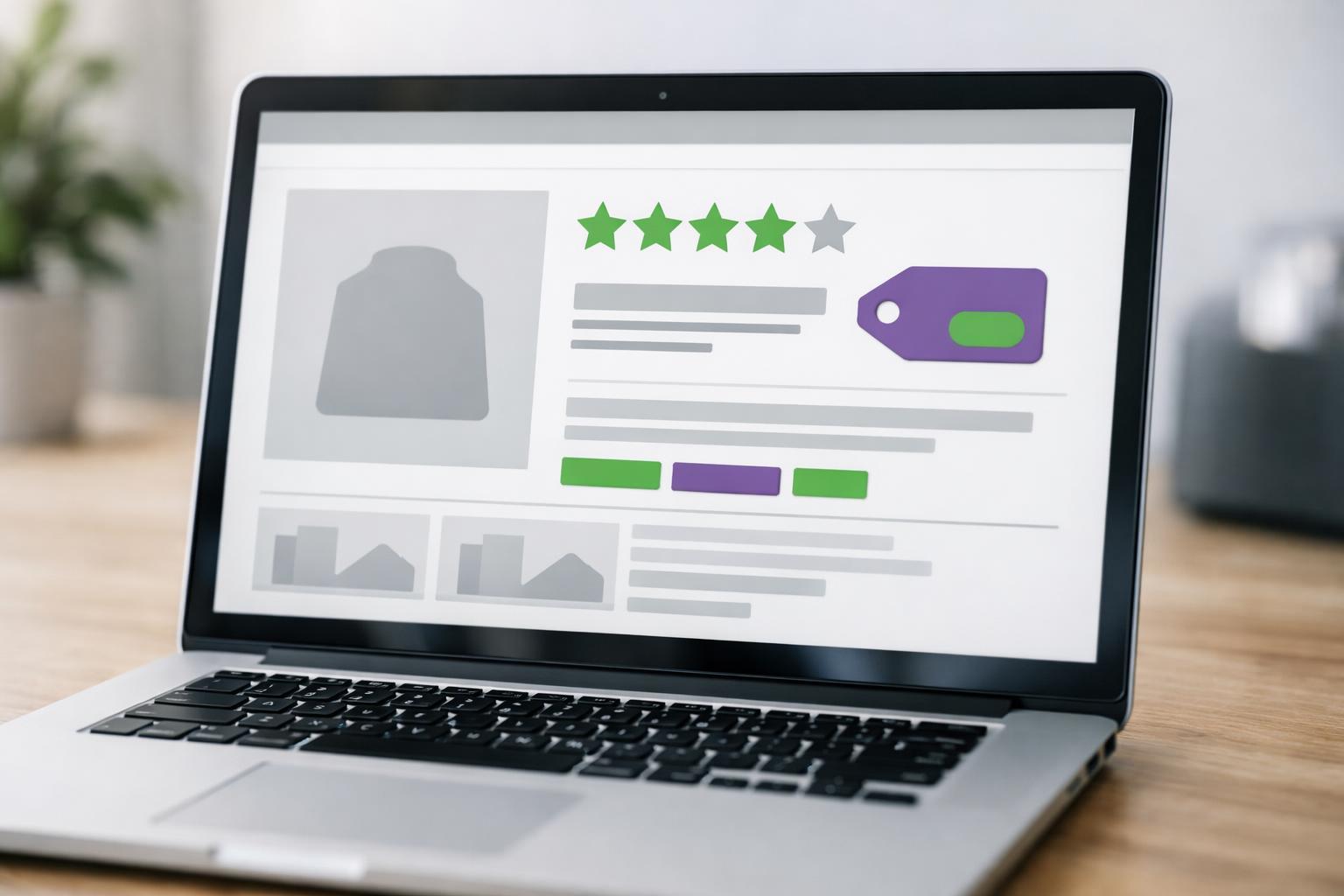 Person betrachtet Produktseite mit Sternebewertungen am Laptop