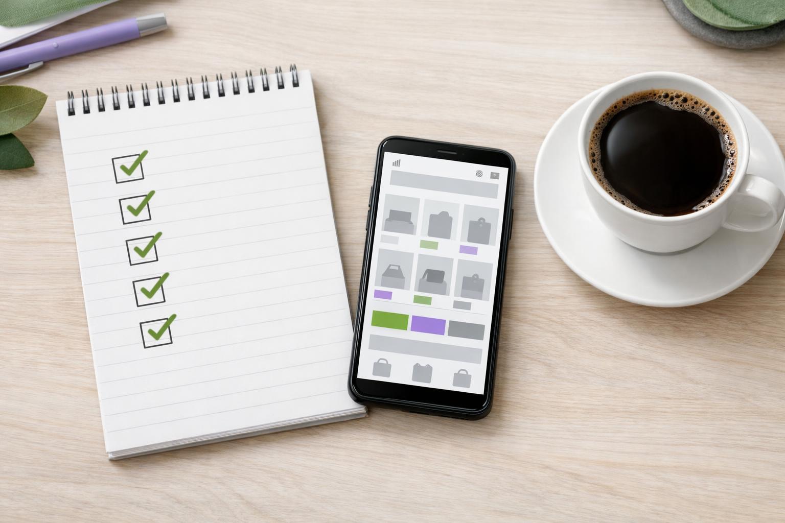 Checkliste auf Notizblock neben Smartphone mit geöffnetem Onlineshop