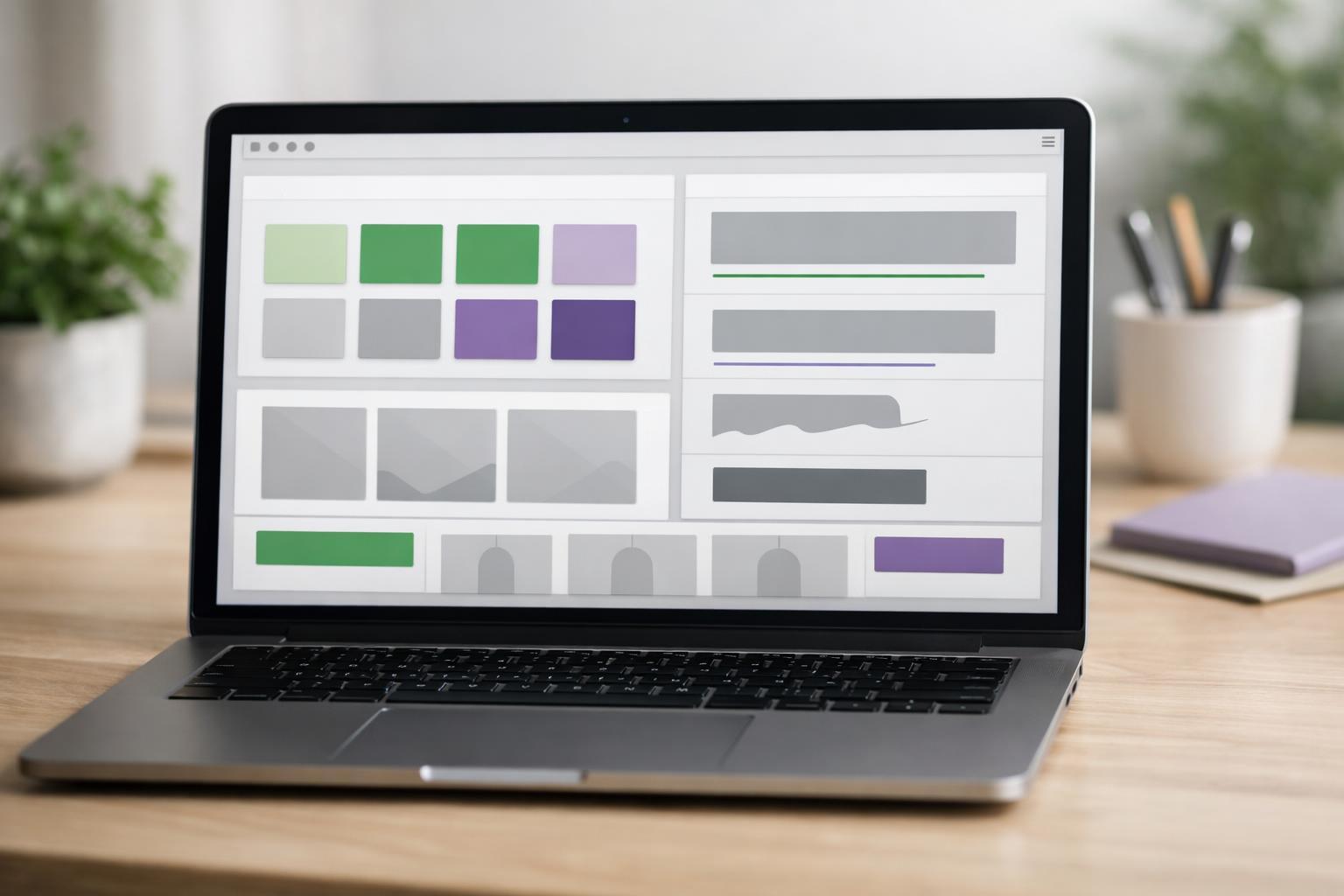 Laptop mit Theme-Editor und Farbpaletten auf dem Bildschirm