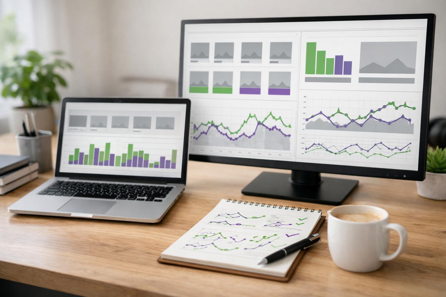 Laptop und Monitor mit Preis- und Markttrend-Diagrammen auf Schreibtisch