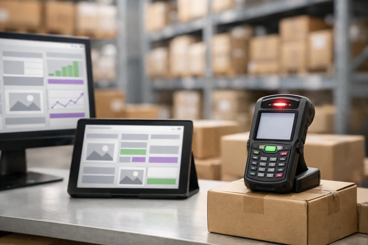 Hand scannt Produkt im Warenlager mit mobilem Scanner