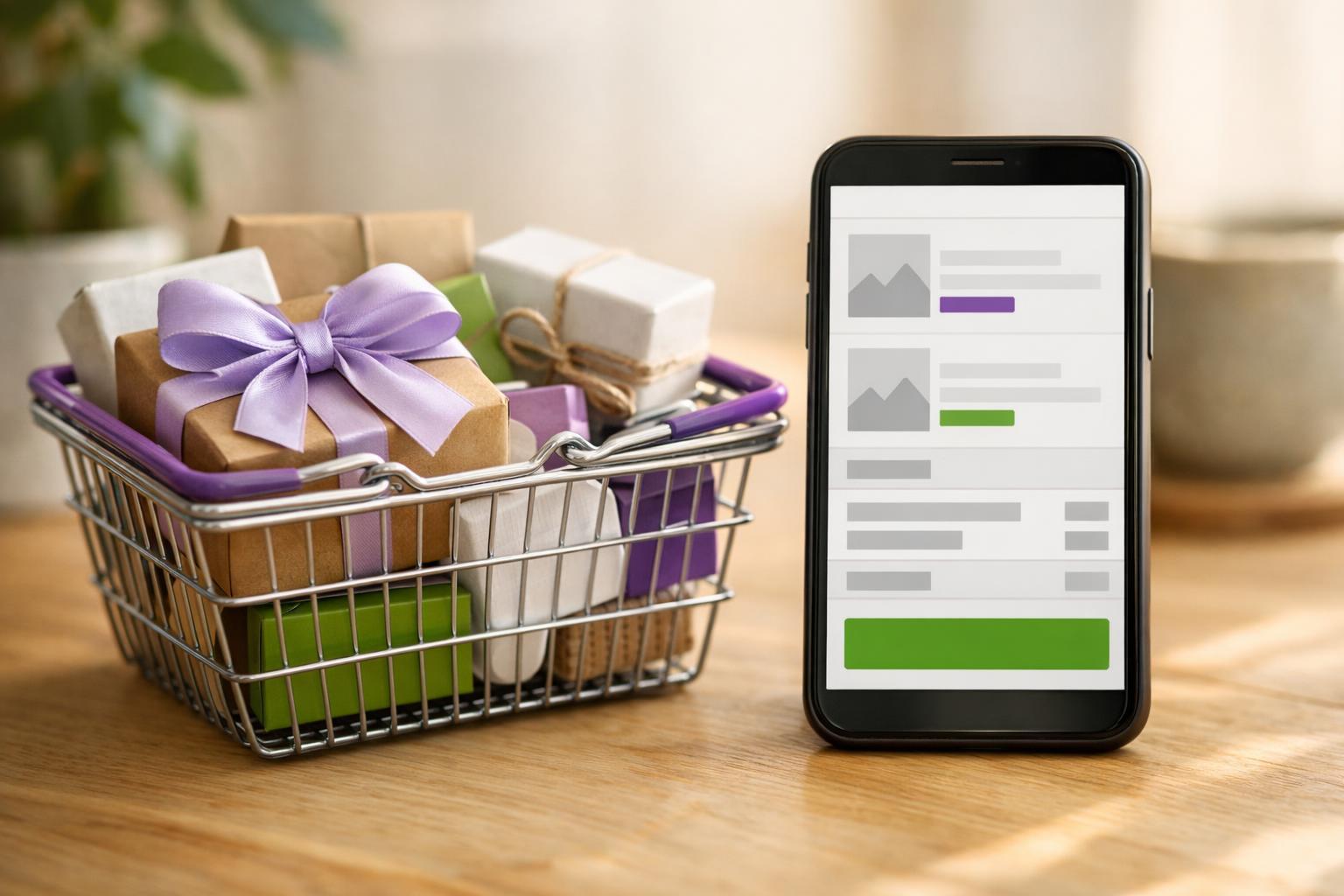 Warenkorb mit mehreren Produktpaketen und Smartphone im Hintergrund