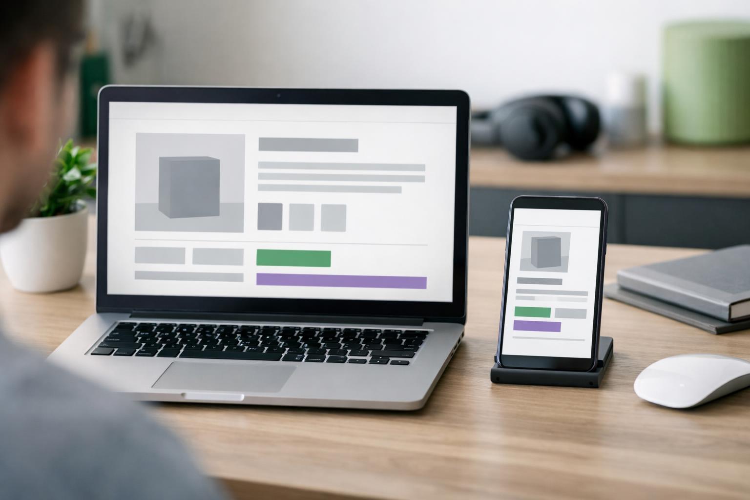 Person vergleicht Produktseite auf Laptop und Smartphone