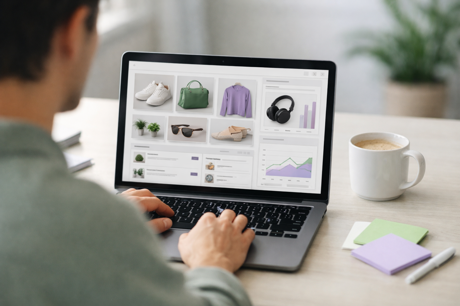 Person arbeitet am Laptop an einem neuen Onlineshop