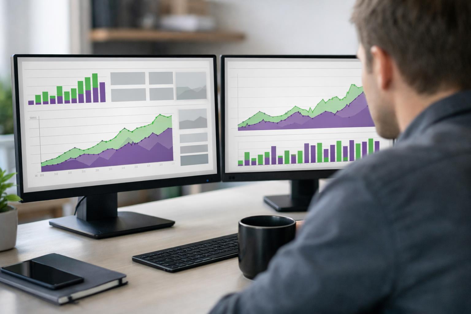 Person analysiert Umsatzdiagramme an zwei Bildschirmen im Büro