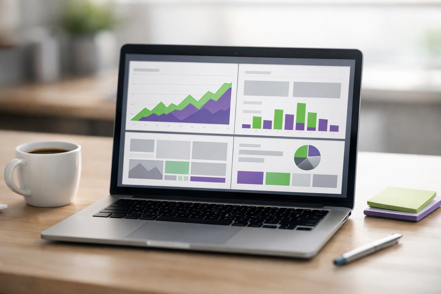 Person analysiert Umsatzdaten und Diagramme am Laptop im Büro