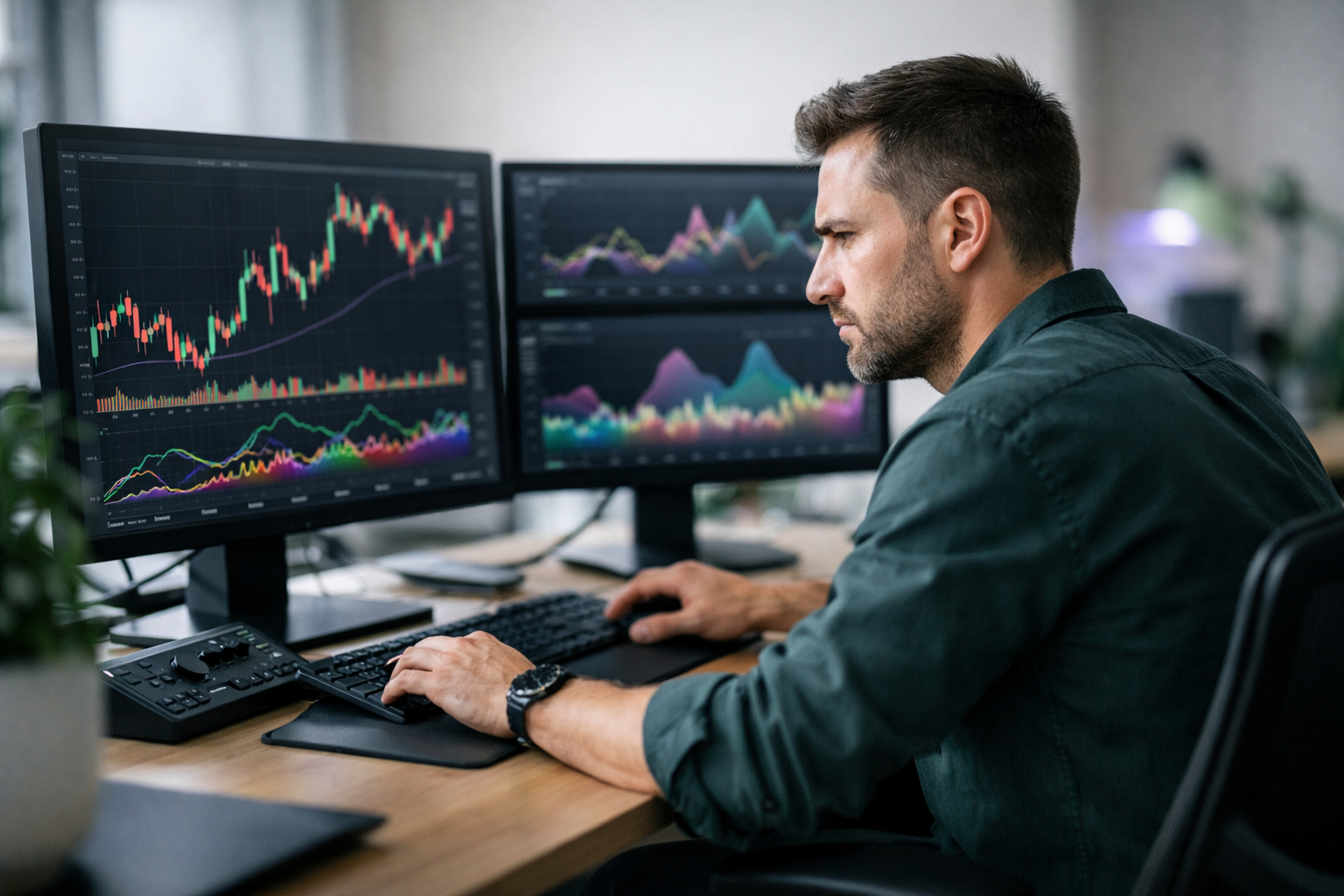 Händler analysiert mehrere Diagramme auf Bildschirmen im Büro