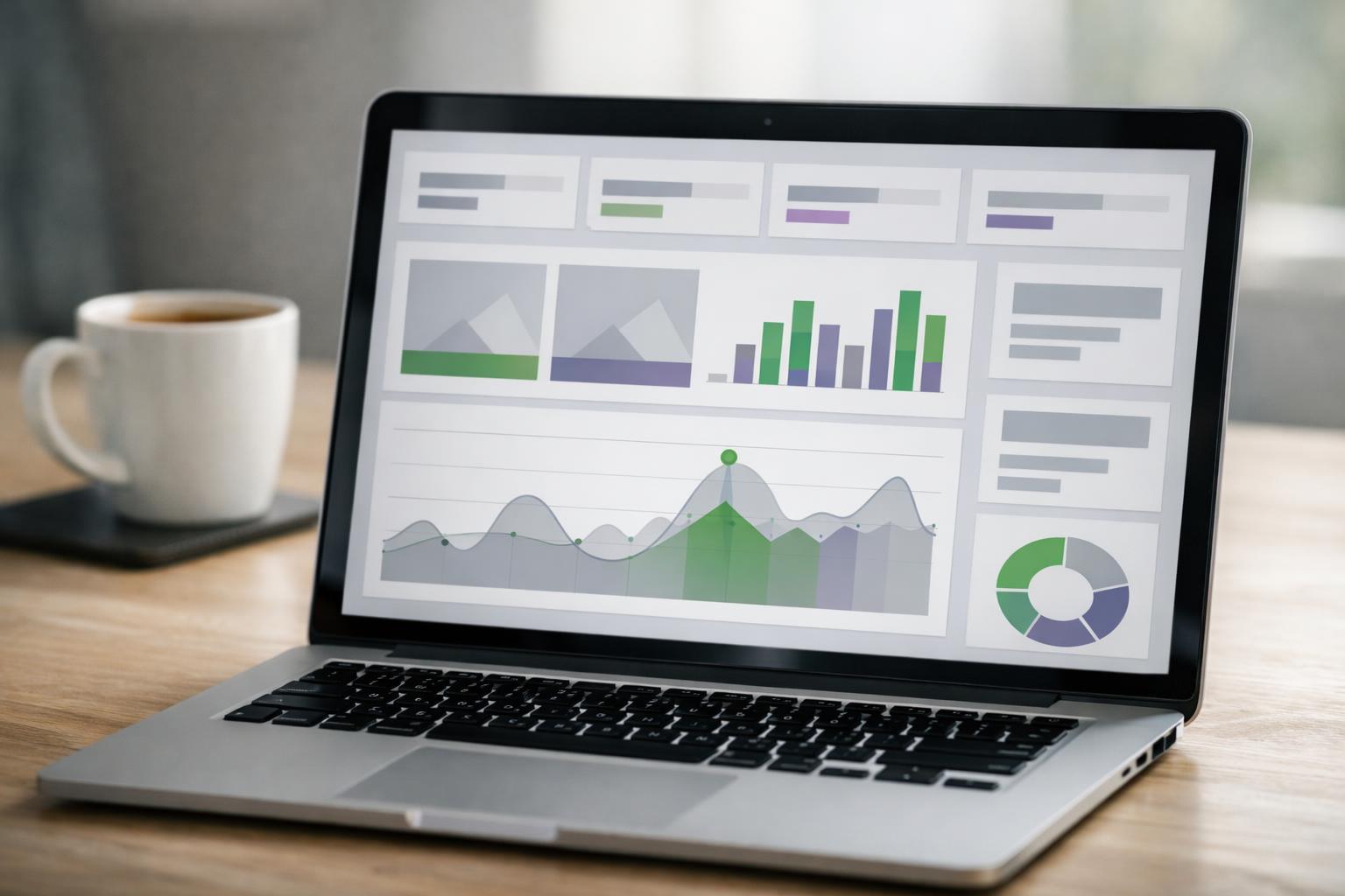 Person analysiert Umsatzkurven und Kennzahlen am Laptop-Dashboard