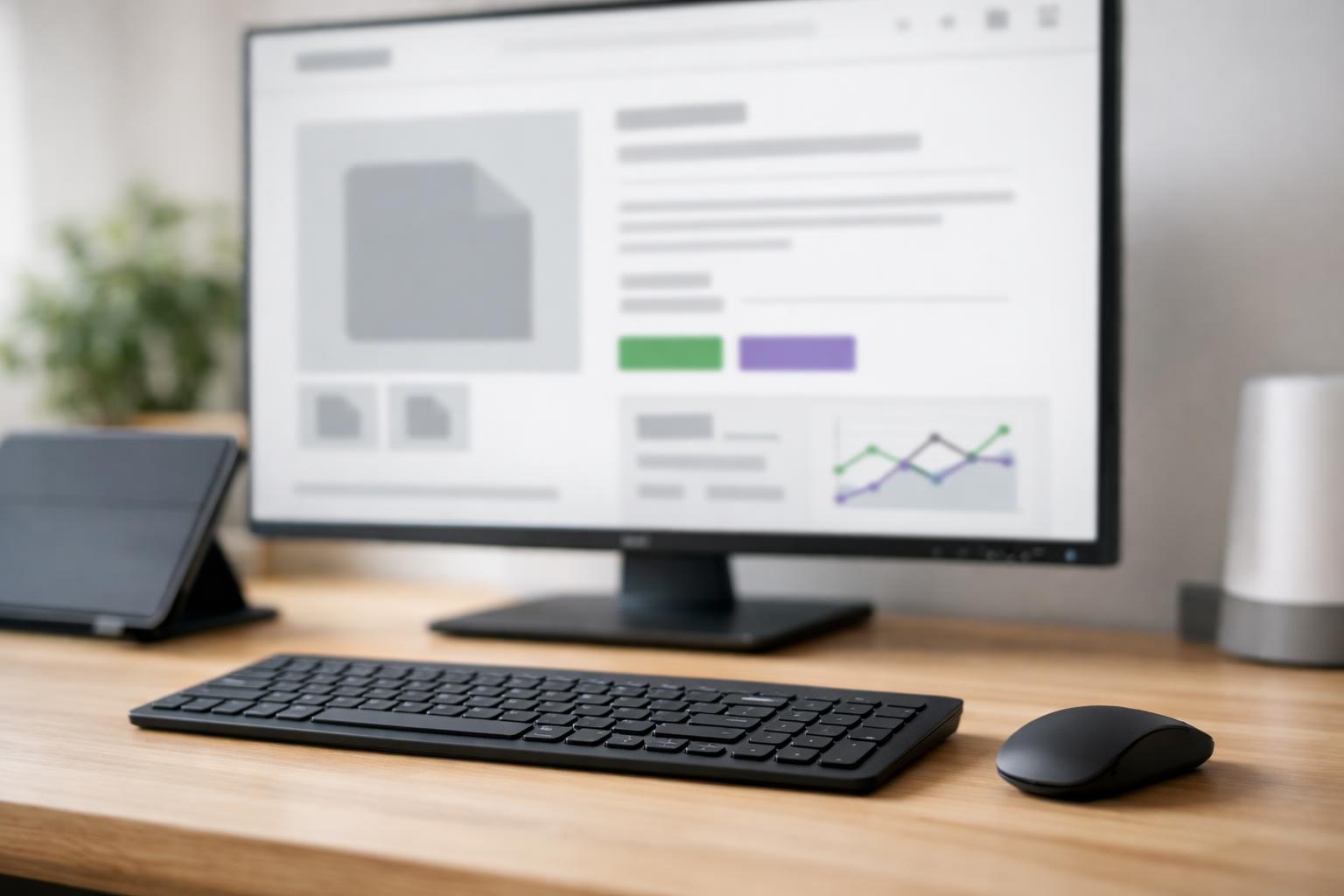 Hände tippen Produkttext auf einer Tastatur vor Monitor