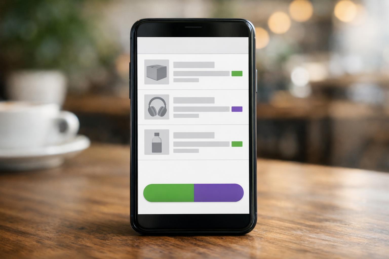 Smartphone mit geöffnetem Warenkorb in einer Hand gehalten