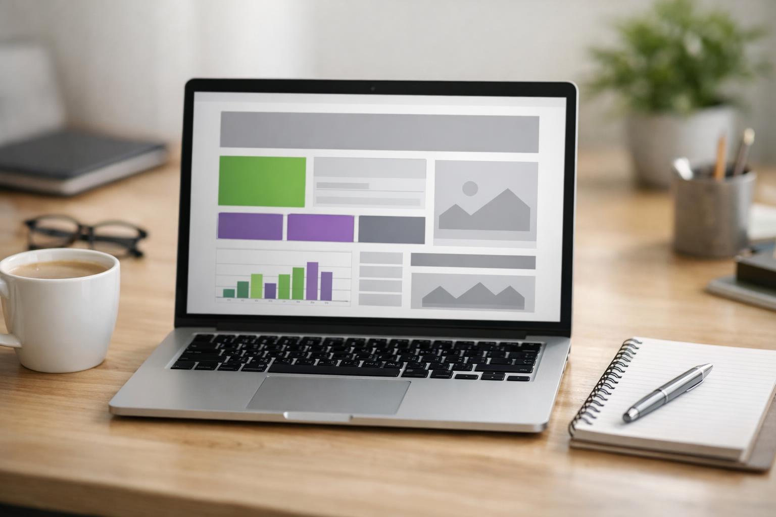 Laptop mit Website-Layout-Vorschau auf einem Schreibtisch